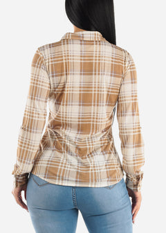 Long Sleeve Button Up Plaid Shirt Taupe & Ivory