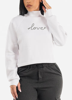White Long Sleeve Mock Neck Fleece Pullover "Love"