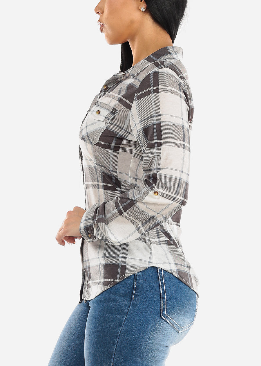 Long Sleeve Button Up Plaid Shirt Ivory & Light Black