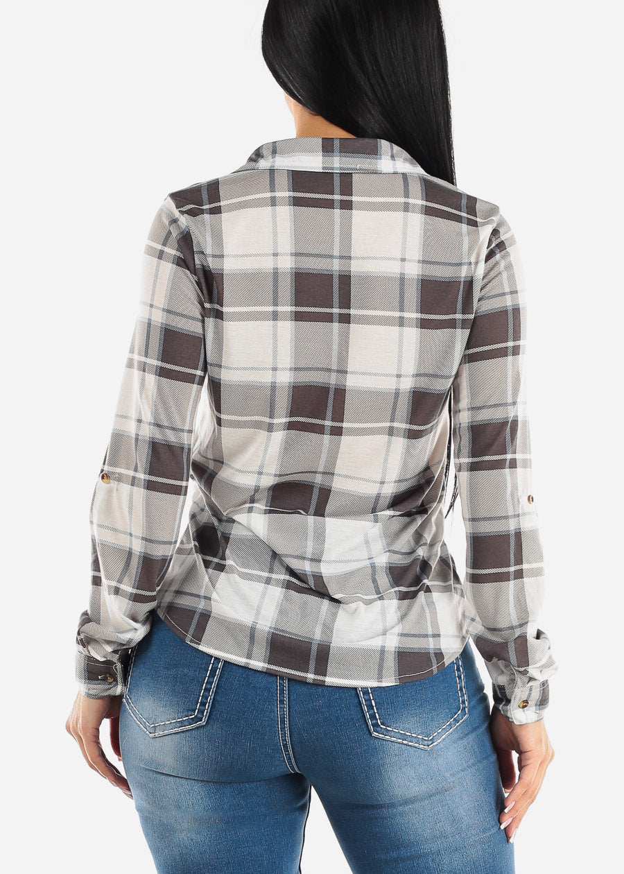 Long Sleeve Button Up Plaid Shirt Ivory & Light Black