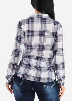 Long Sleeve Button Up Plaid Shirt Navy & White