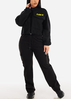 Black Long Sleeve Cargo Style Cropped Pullover