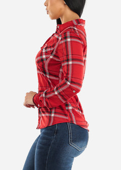 Long Sleeve Snap Button Plaid Shirt Red