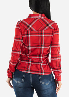 Long Sleeve Snap Button Plaid Shirt Red