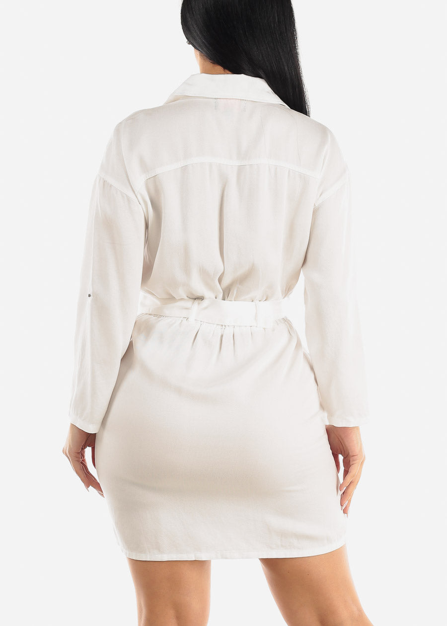 White Belted Collared Utility Shirt Dress