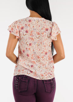 Short Ruffle Sleeve Button Up Floral Blouse