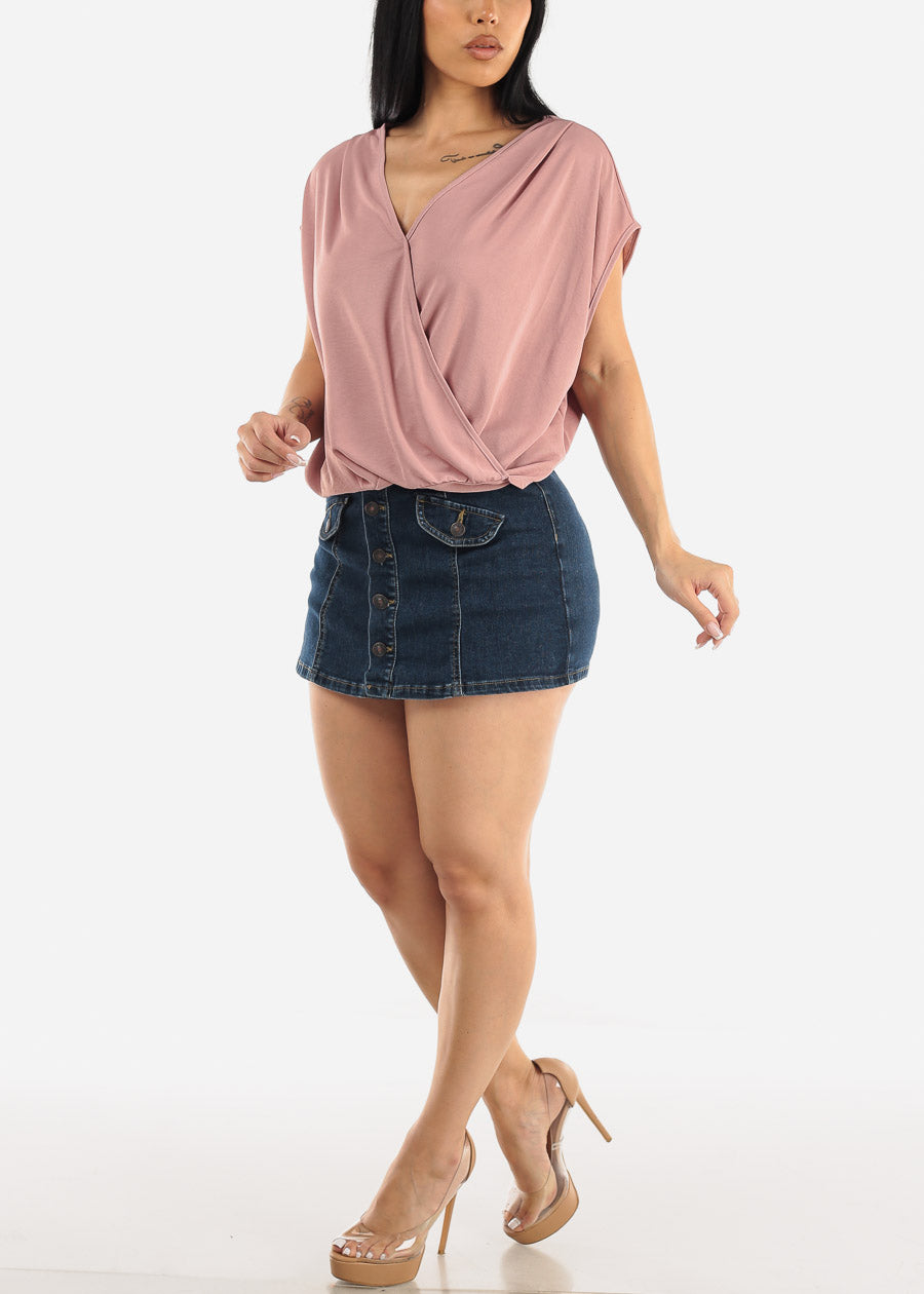 Short Sleeve Surplice Top Rose