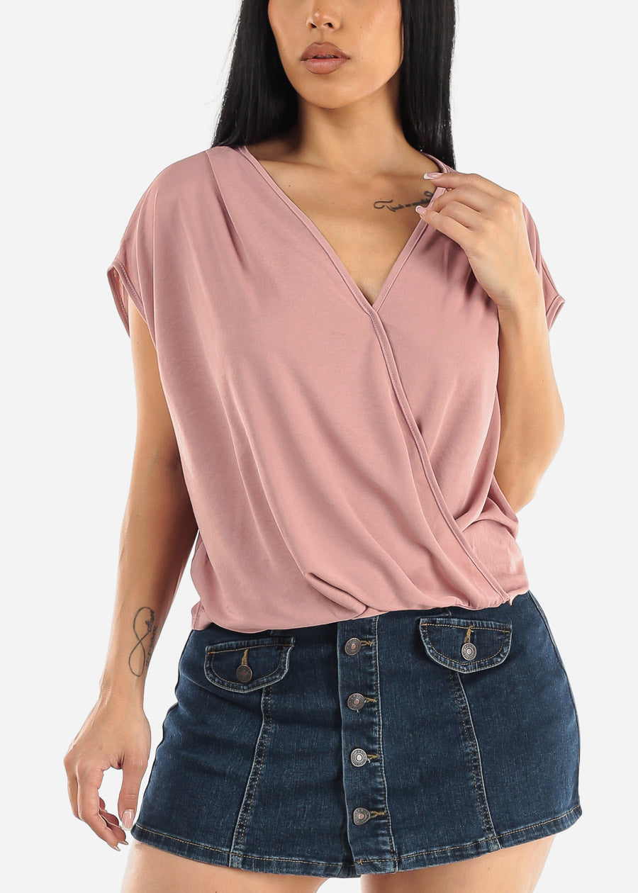 Short Sleeve Surplice Top Rose