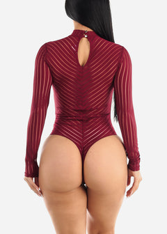 Long Sleeve Mock Neck Striped Mesh Bodysuit Burgundy