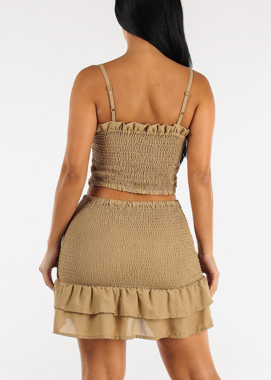 Sleeveless Smocked Crop Top & Mini Skirt Khaki (2 PCE SET)
