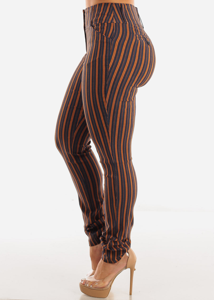 High Waisted Stripe Dressy Skinny Pants Navy & Orange