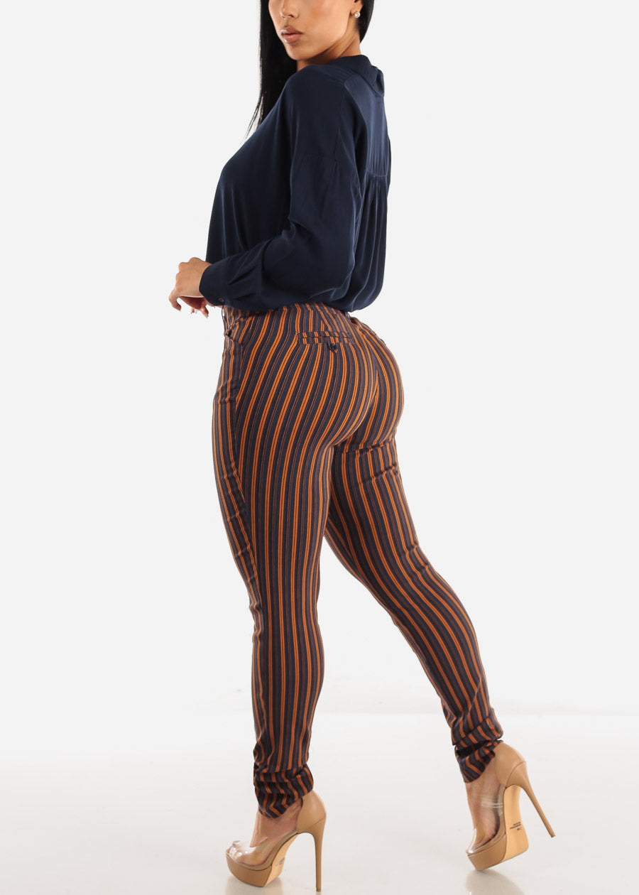 High Waisted Stripe Dressy Skinny Pants Navy & Orange