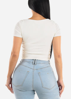Short Sleeve Square Neck Double Layer Crop Top White