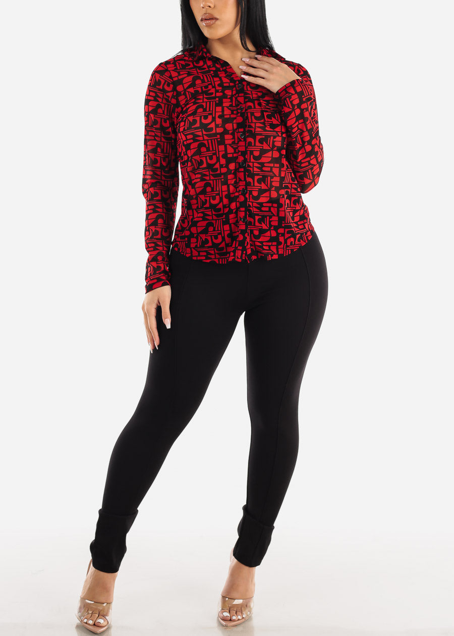 Printed Long Sleeve Button Up Mesh Collared Blouse Red