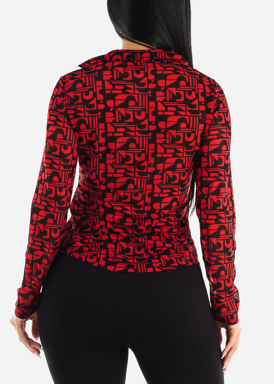 Printed Long Sleeve Button Up Mesh Collared Blouse Red