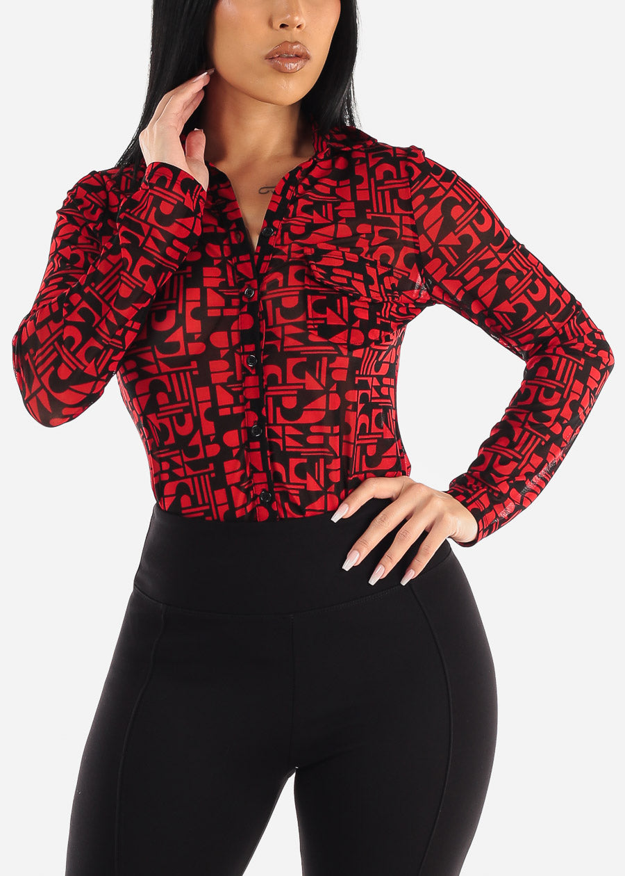 Printed Long Sleeve Button Up Mesh Collared Blouse Red