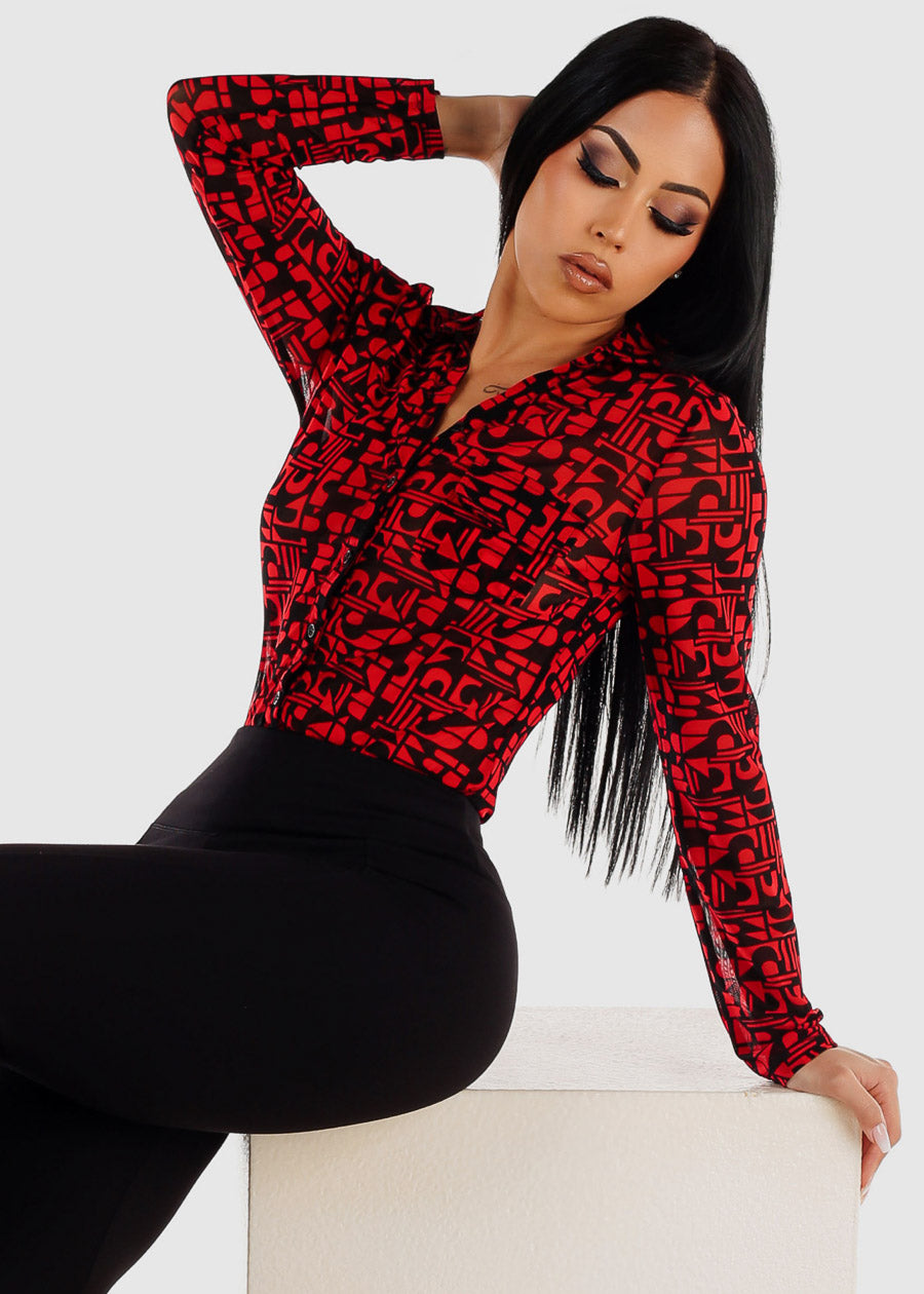 Printed Long Sleeve Button Up Mesh Collared Blouse Red
