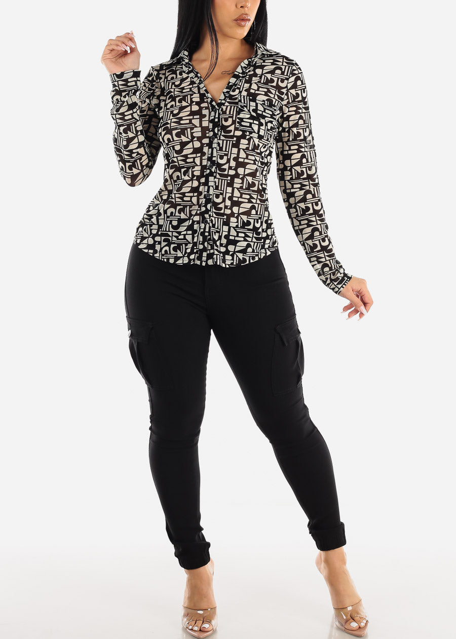 Black Printed Long Sleeve Button Up Mesh Collared Blouse