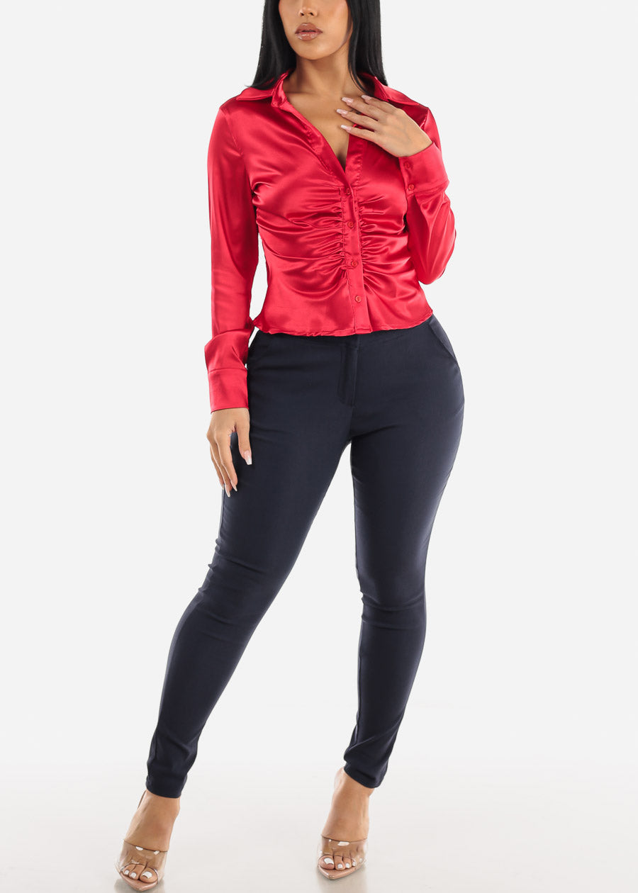 Red Satin Long Sleeve Ruched Button Up Shirt