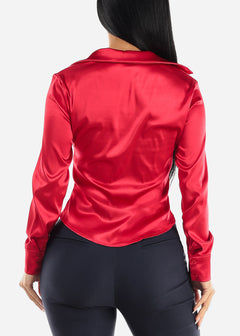 Red Satin Long Sleeve Ruched Button Up Shirt