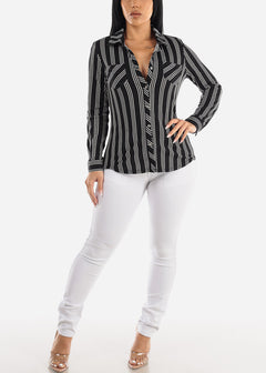 Black Long Sleeve Button Up Stripe Shirt
