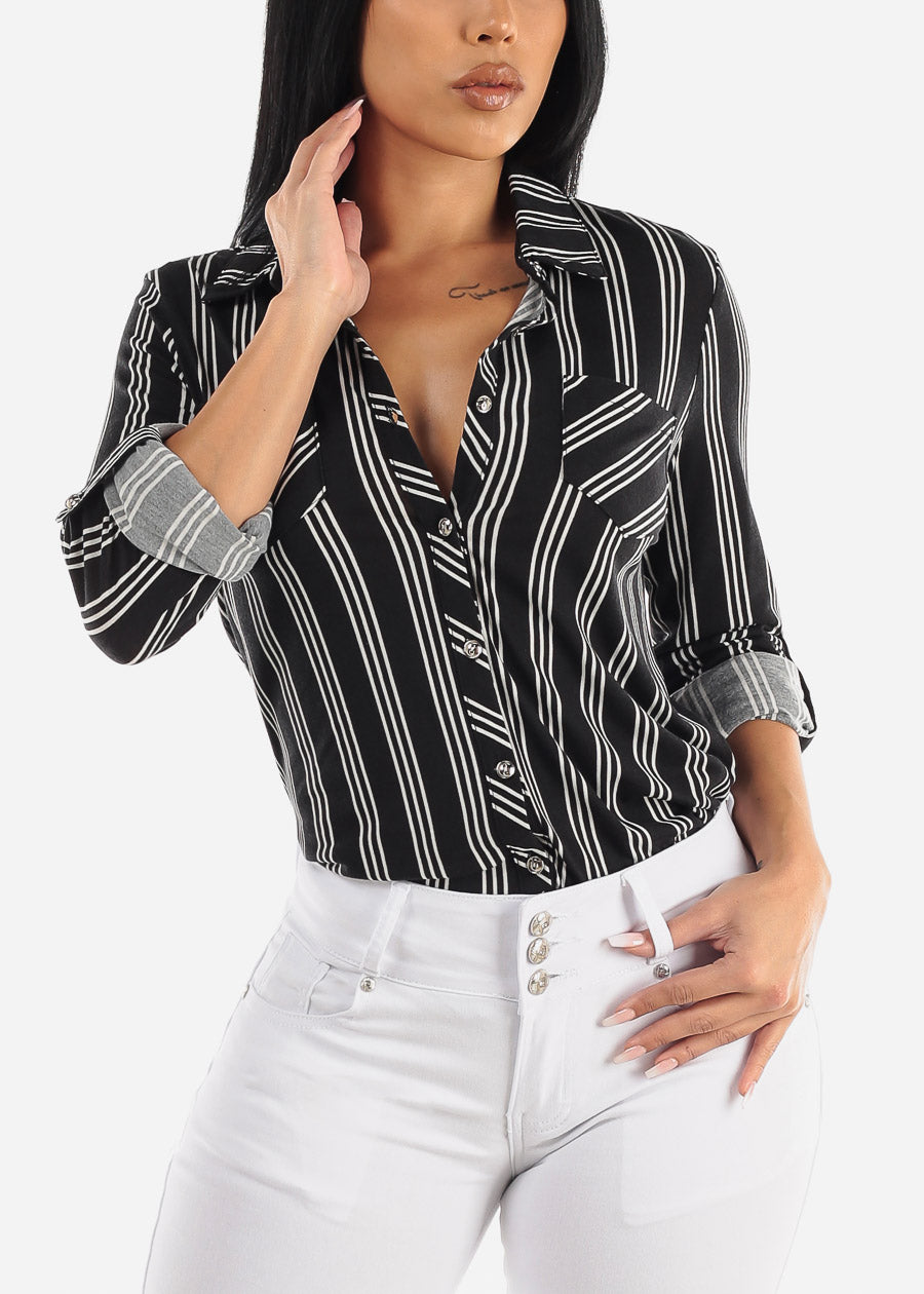Black Long Sleeve Button Up Stripe Shirt