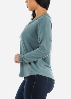 Long Sleeve V-Neck Soft Terry Sweatshirt Heather Teal