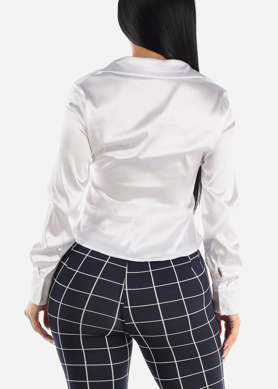 White Satin Long Sleeve Ruched Button Up Shirt