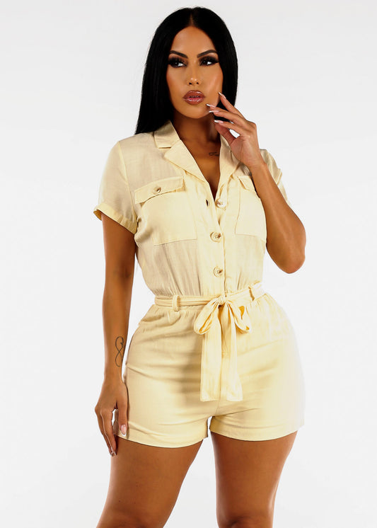 Short Sleeve Button Up Belted Romper Light Yellow