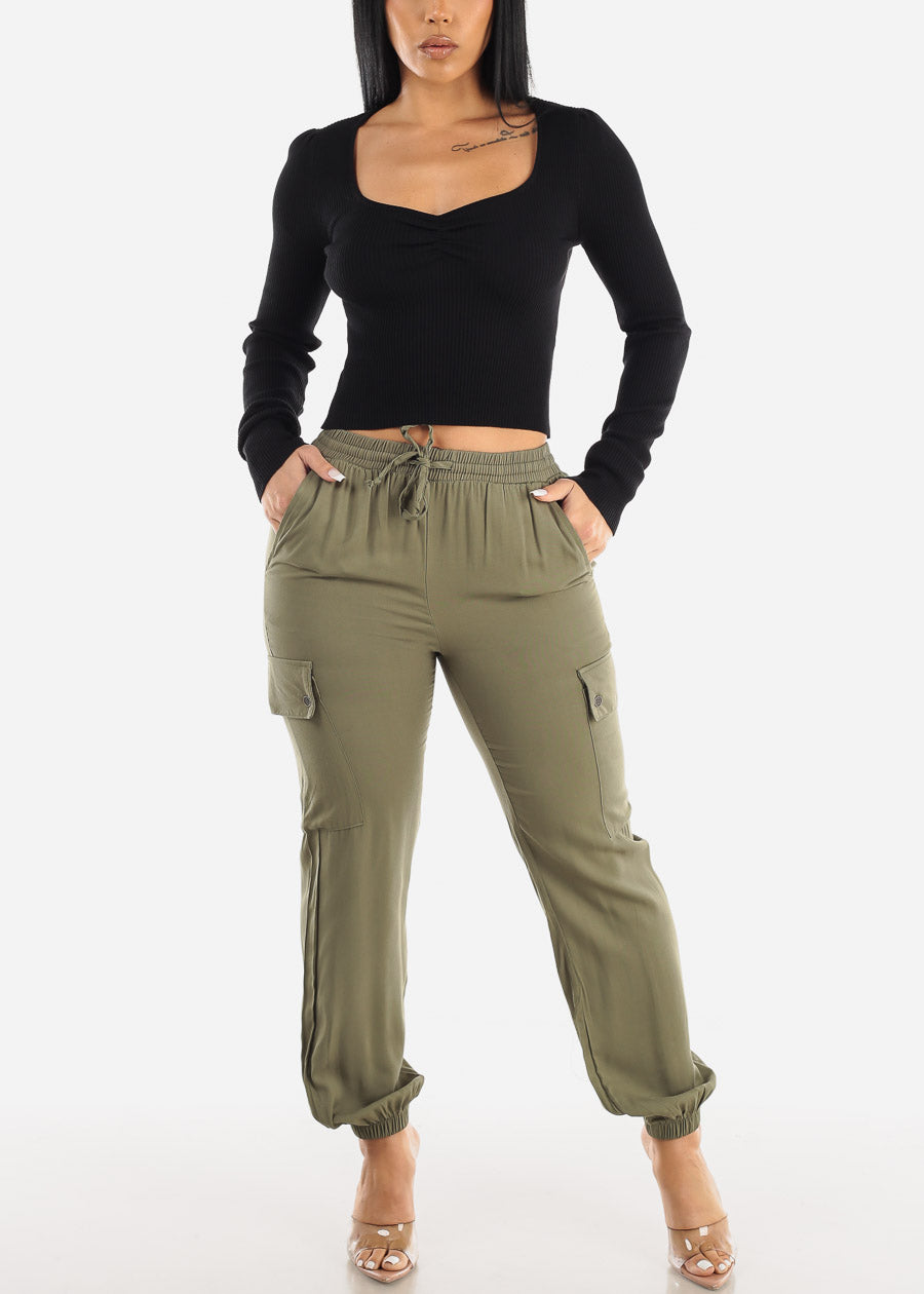 Summer Cropped Pants Women's Cargo Pants Solid Jogger Multi-pocket