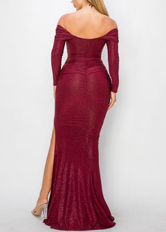 Sexy Off Shoulder Long Sleeve Shiny Burgundy Gown w Front Slit