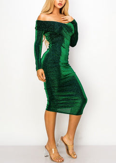Sexy Off Shoulder Green Shimmery Stretchy Ruched Midi Dress