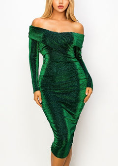 Sexy Off Shoulder Green Shimmery Stretchy Ruched Midi Dress