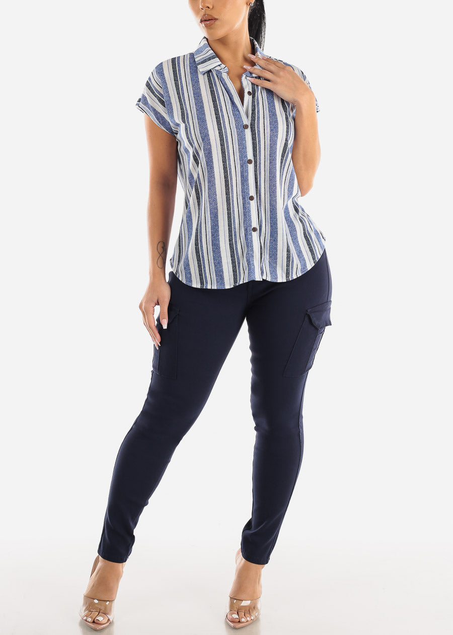 Short Sleeve Button Up Stripe Shirt Blue & Navy