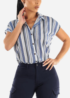 Short Sleeve Button Up Stripe Shirt Blue & Navy