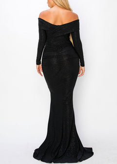 Sexy Black Shiny Off Shoulder Long Sleeve Front Slit Gown