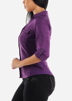 Button Up Shirt Purple Quarter Sleeve