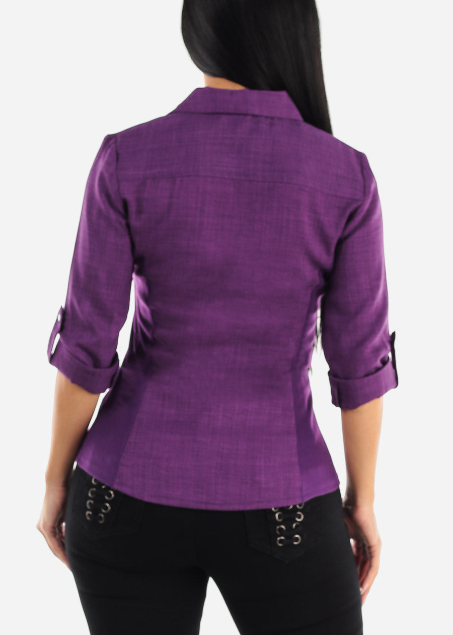 Button Up Shirt Purple Quarter Sleeve