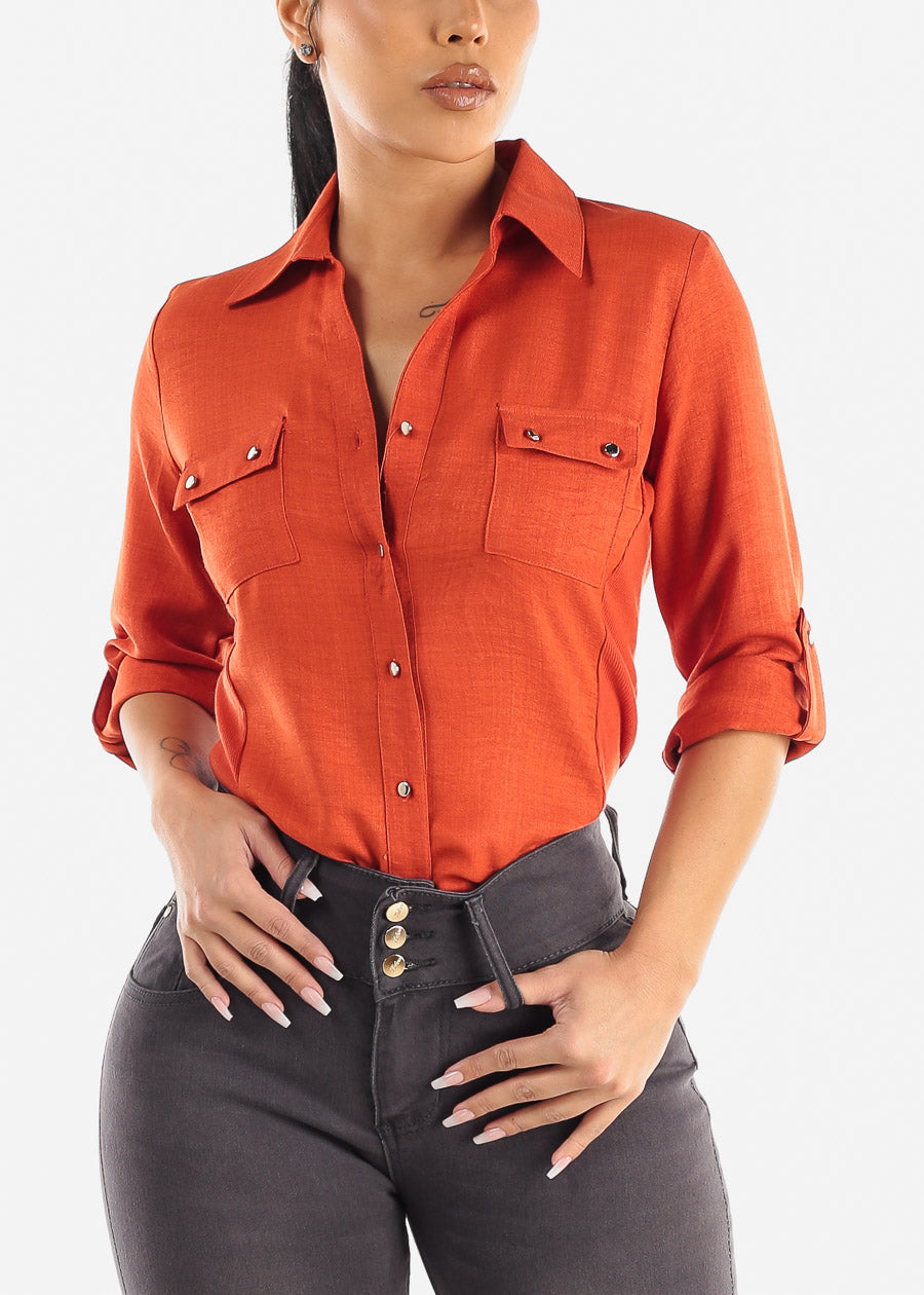 Quart Sleeve Button Up Shirt Dark Orange