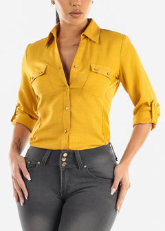 Quart Sleeve Button Up Shirt Mustard