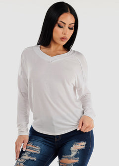 Long Sleeve V-Neck Soft Terry Sweatshirt Off White