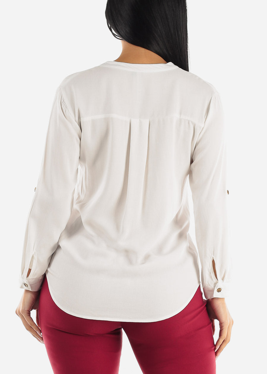 Vneck Long Sleeve Button Up Shirt White