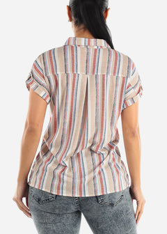 Cuffed Short Sleeve Stripe Button Up Tunic Shirt Taupe