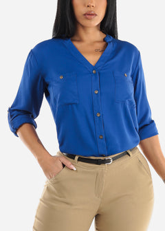 Vneck Long Sleeve Button Up Shirt Royal Blue