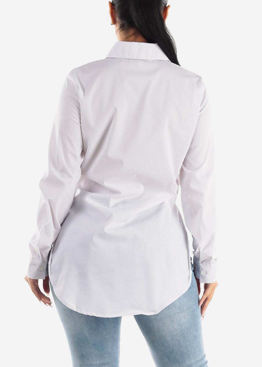 Split Round Hem Button Up Tunic Shirt White