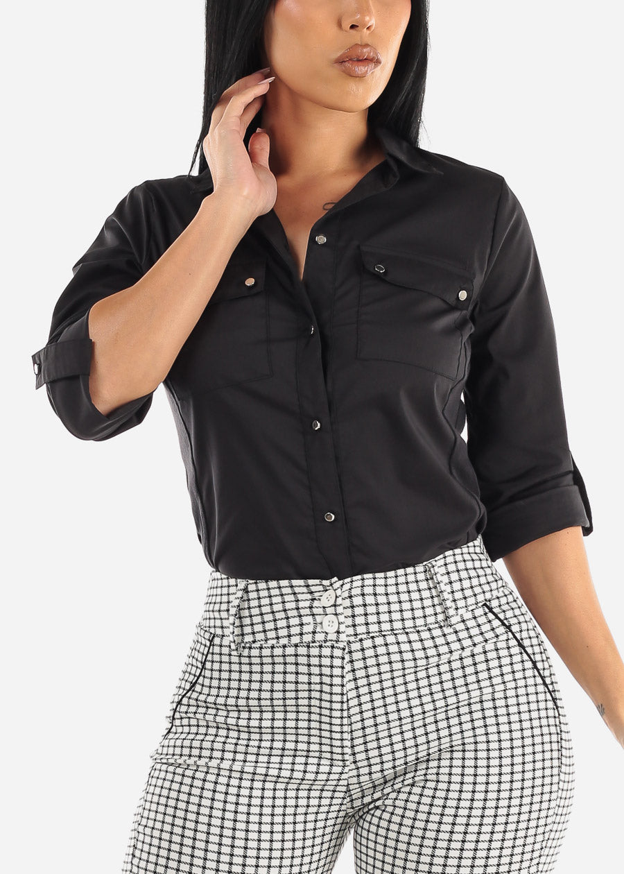 Black Quarter Sleeve Button Up Collared Blouse