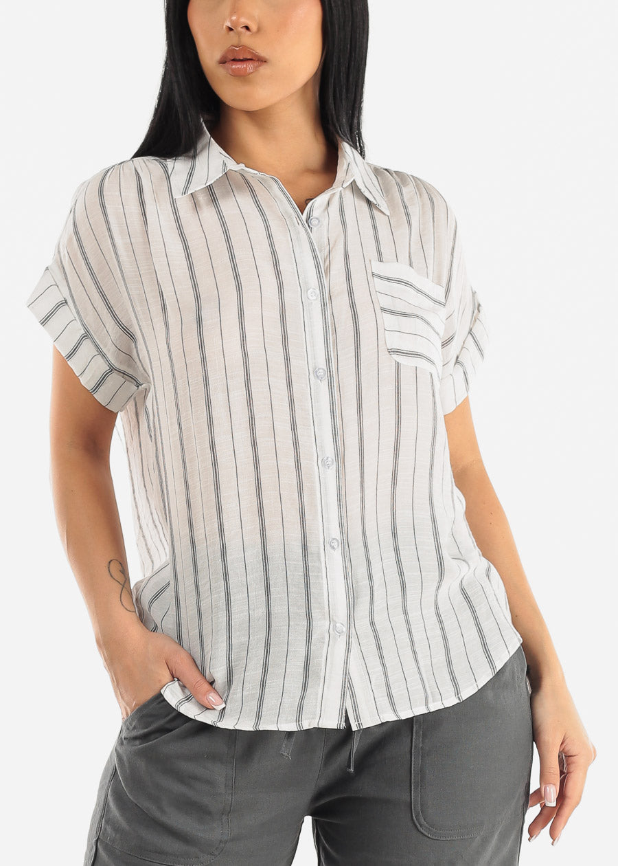 Short Sleeve Button Up Stripe Shirt White & Black
