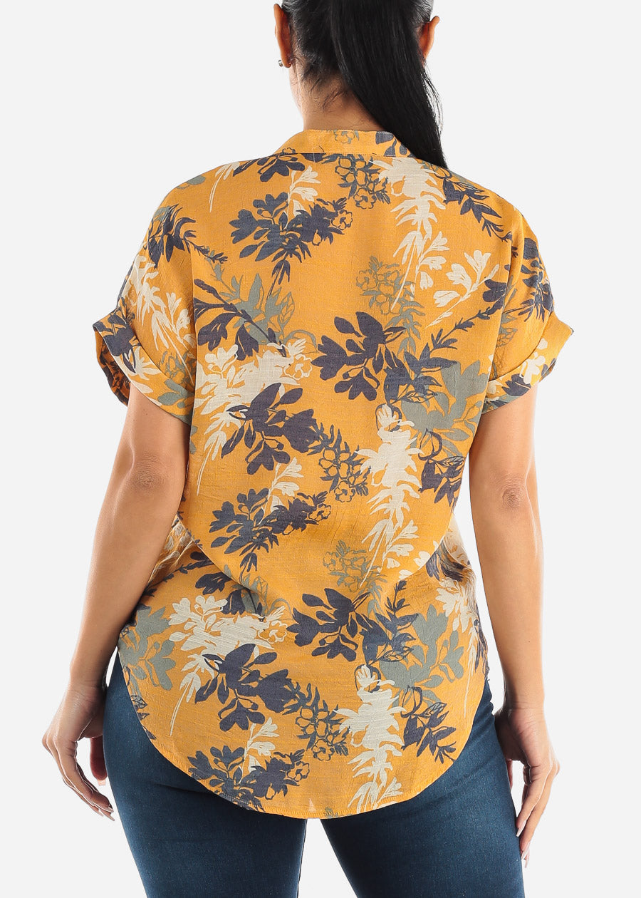 Short Sleeve Button Up Floral Tunic Shirt Orange