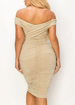 Sexy Shiny Gold Off Shoulder Ruched Stretchy Midi Dress