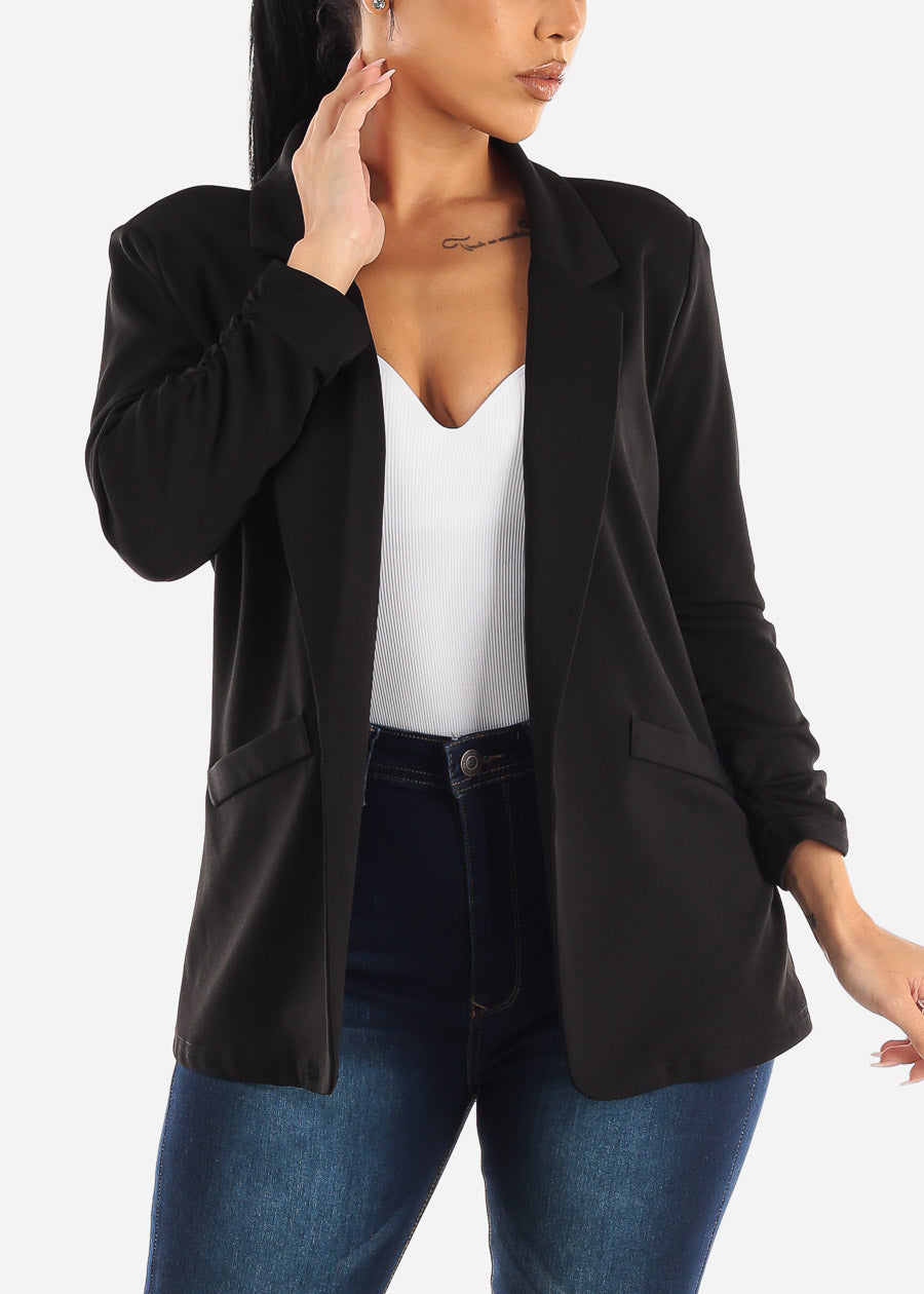 Black Open Front Blazer with Ruched Sleeves